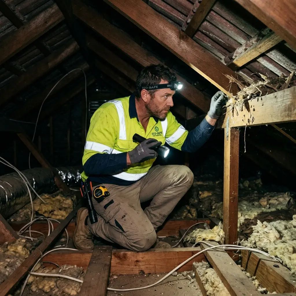 Technician inspecting a roof cavity for a dead animal in Greensborough